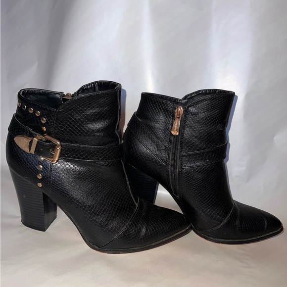 Cape Robbin Black Snake Block Heel Booties with Gold Buckle and Studs - Picture 3 of 4